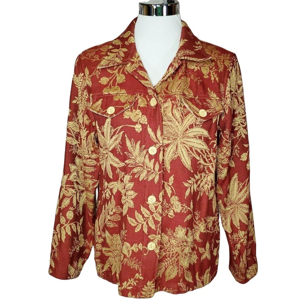 Coldwater Creek Blazer Jacket Red Gold Tapestry Floral Button Up Floral Medium M